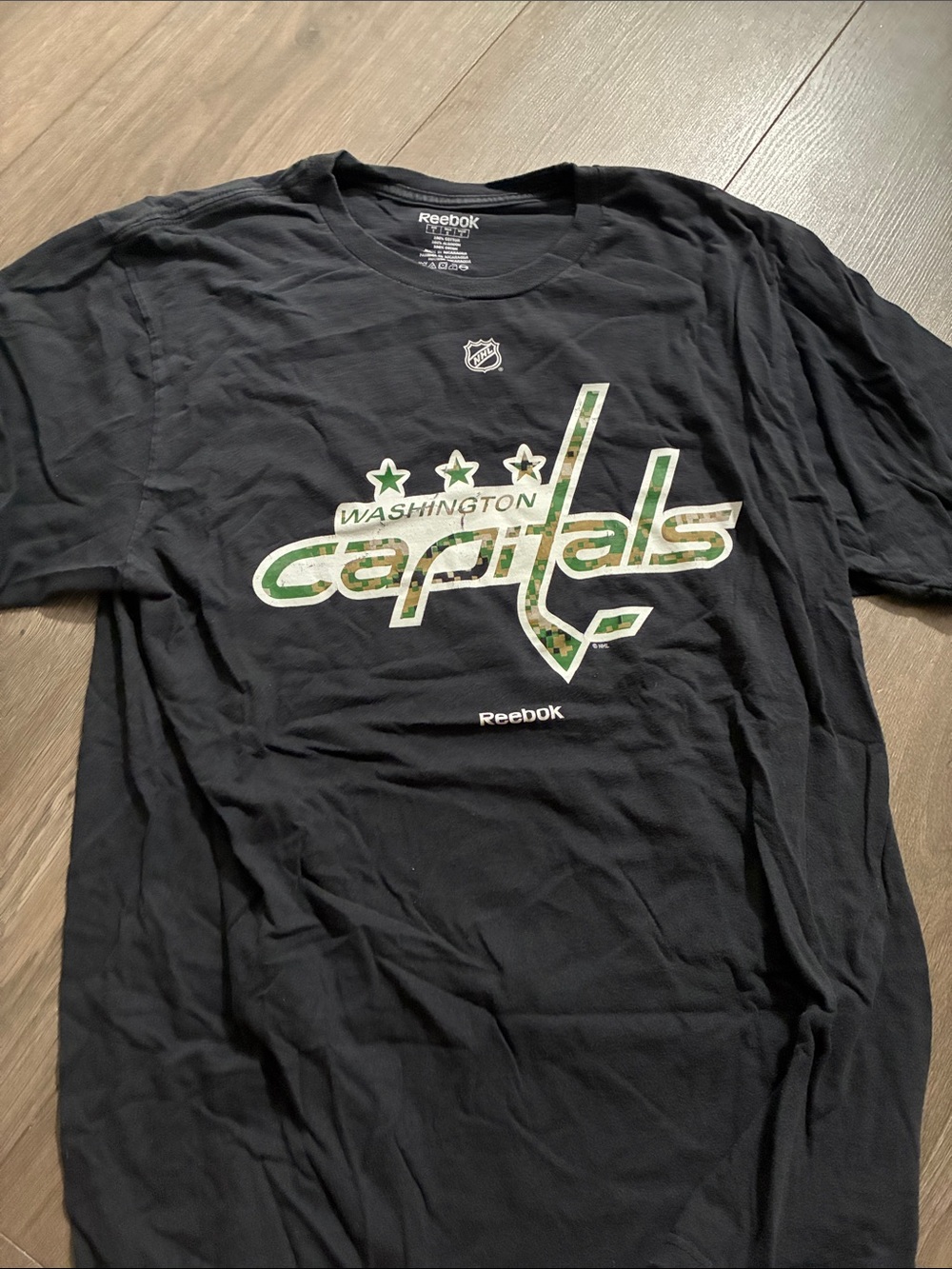 Washington capitals Reebok Black Tee with Green Camouflage Capitals Logo